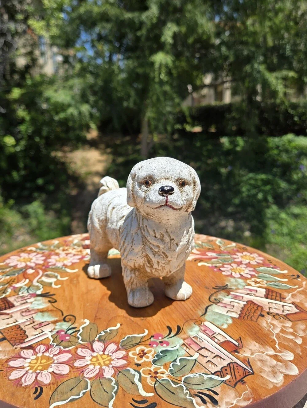 VTG Cast Iron Dog Figurine White Pekingese Shih Tzu Maltese Garden Statue Dog
